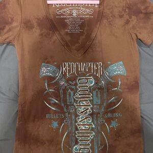 Chapter Brown V-Neck Tee with Teal Graphic